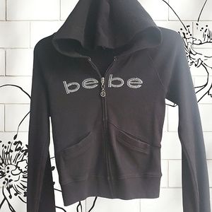 BEBE Rhinestone Bling Logo Black Zip Up Hoodie